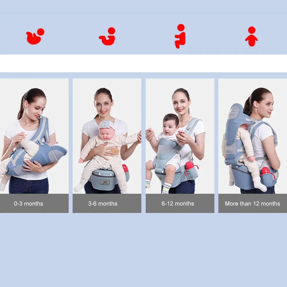 Multi-position ergonomic baby carrier, showcasing the front-facing hip seat for versatility.