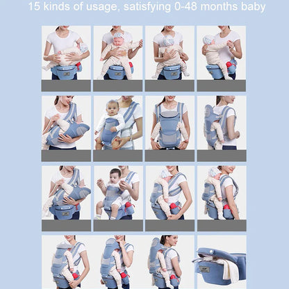 Mother happily carrying infant in a grey ergonomic baby carrier with comfortable hip seat.