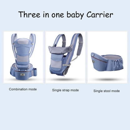Close-up of ergonomic baby carrier's padded hip seat and adjustable straps for infant.