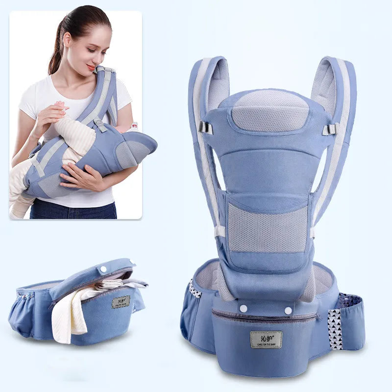 Toddler carrier functionality shown with ergonomic baby backpack & supportive hip seat.