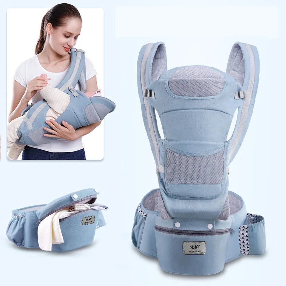 Ergonomic baby carrier in blue, ideal for baby travel with a built-in hip seat.