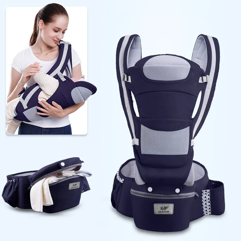 Parenting gear: ergonomic front-facing baby carrier with hip seat for hands-free comfort.