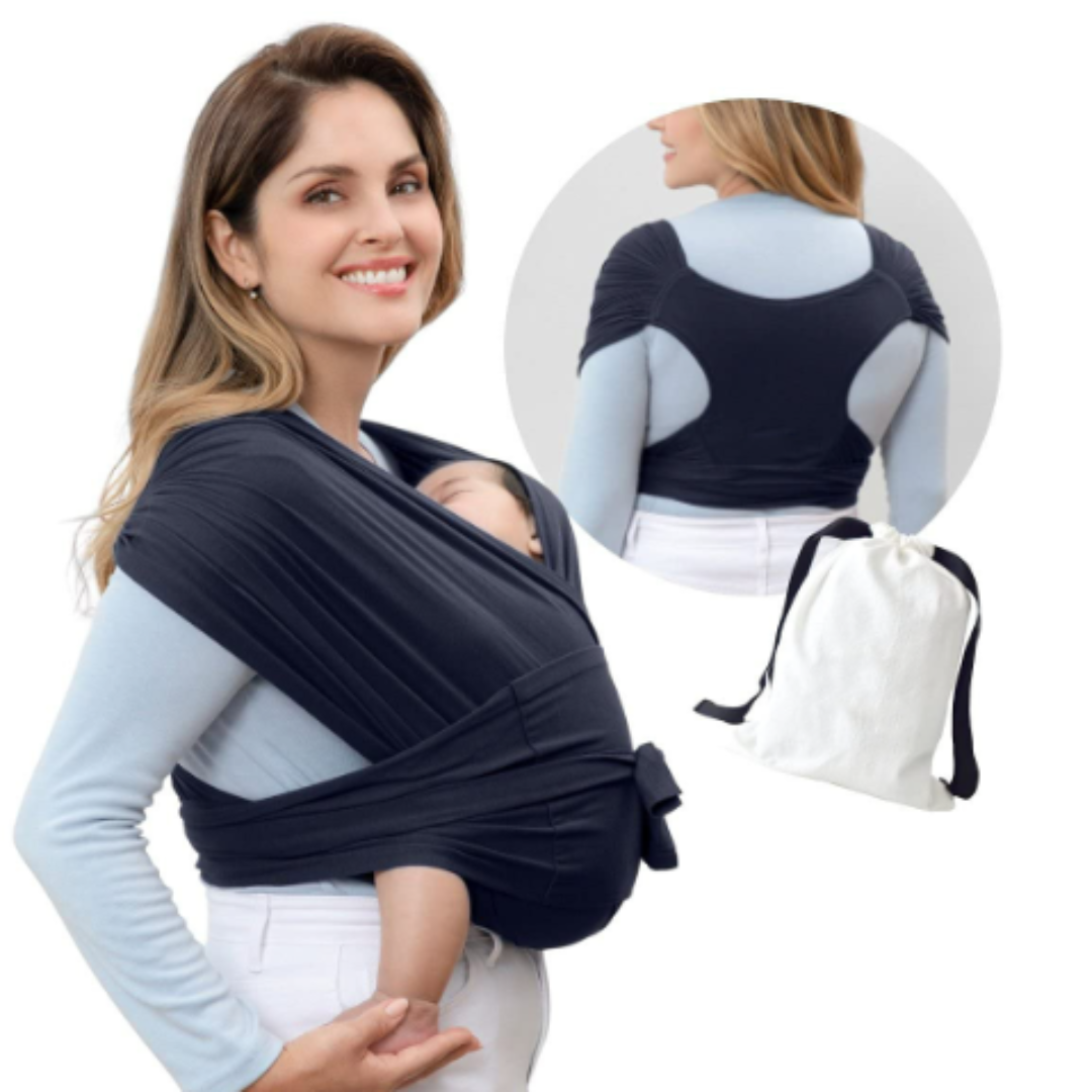 Hands-free parenting with ergonomic baby carrier, providing back support, in a neutral color