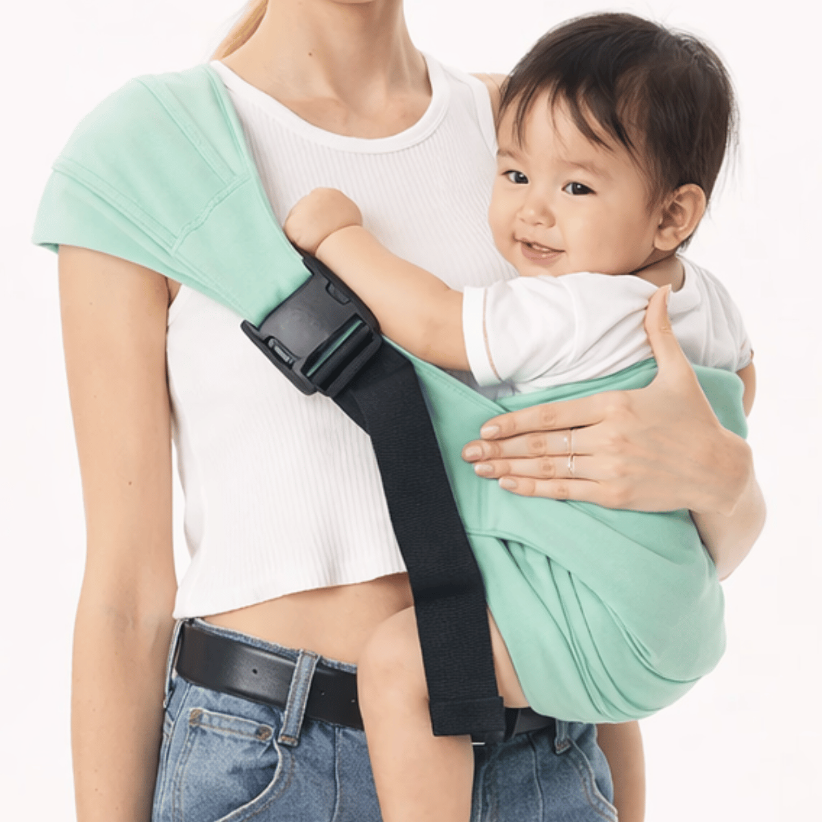 Ergonomic baby hip carrier with wide shoulder strap, gray, parent and baby comfort