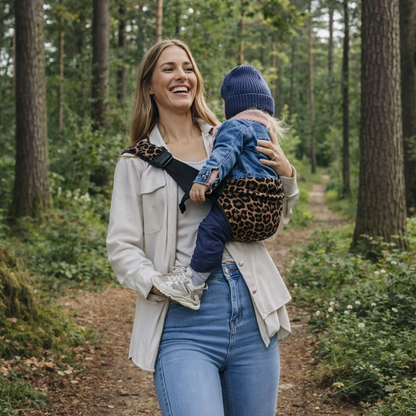 Baby hip carrier in black, showing wide shoulder strap and secure buckle closure
