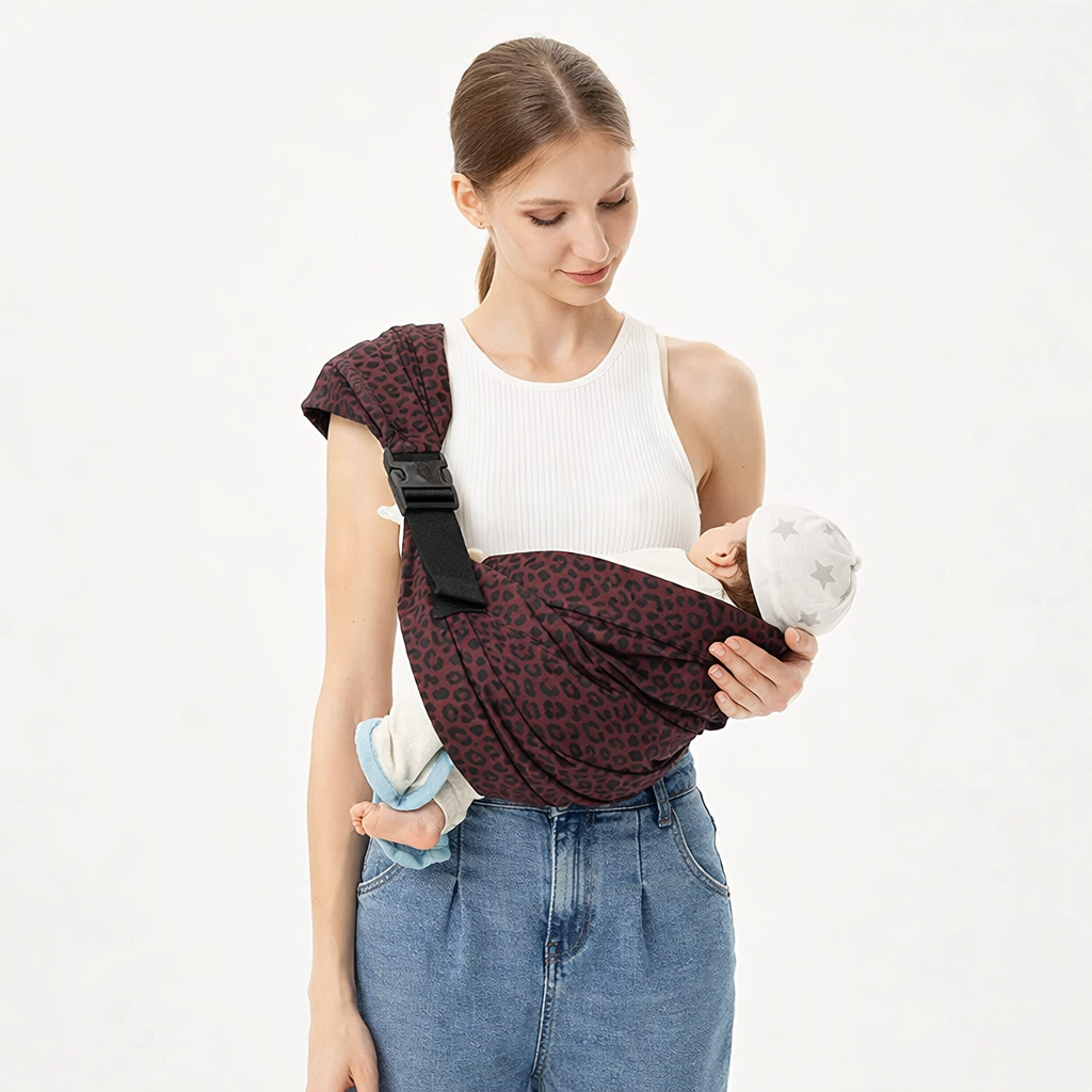 Side profile of ergonomic baby sling, hip carrier with wide shoulder strap for parents