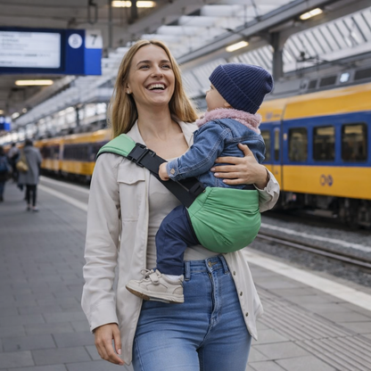 Toddler carrier with hip seat, ergonomic design, and lumbar support, close-up