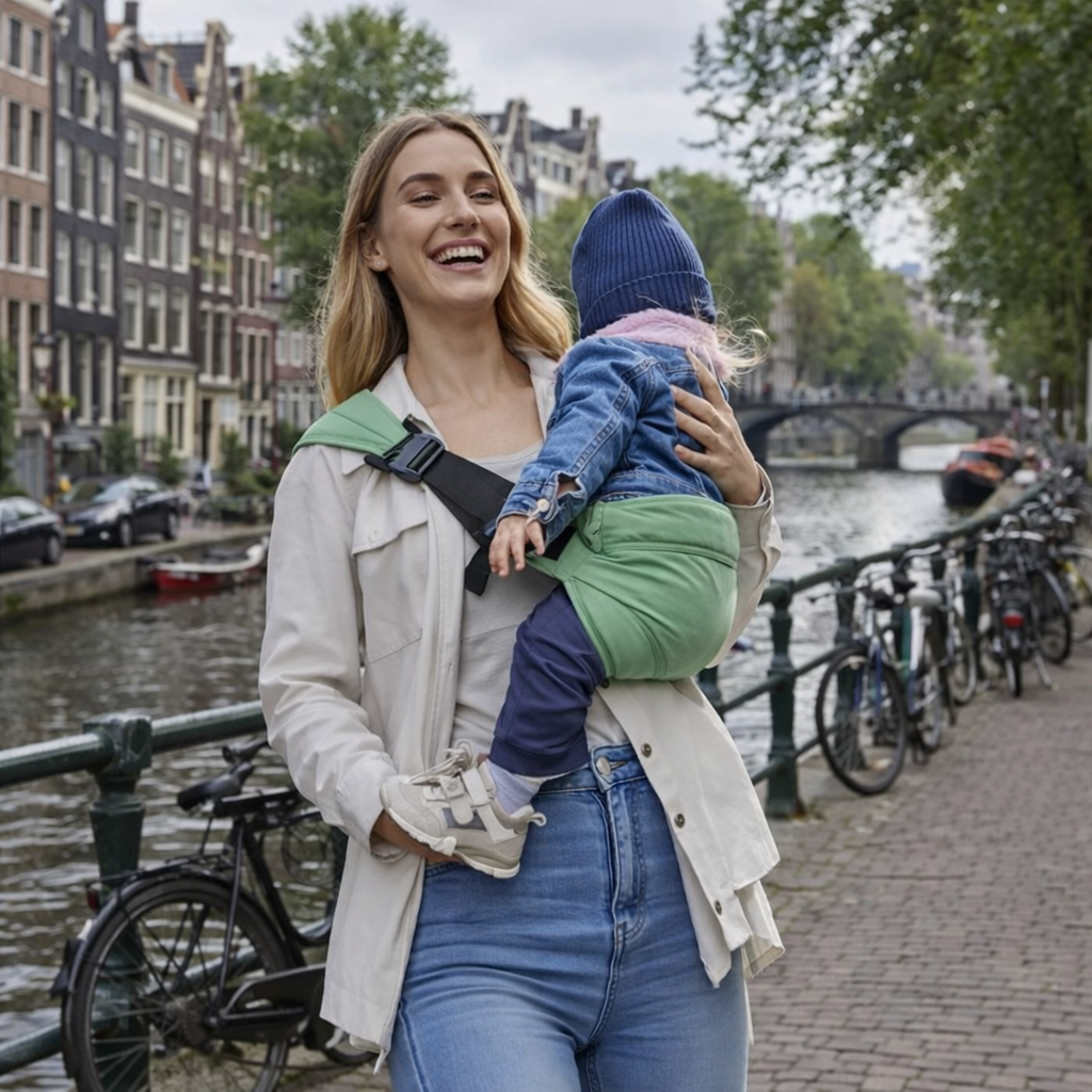 Newborn baby in ergonomic hip carrier demonstrating proper leg position