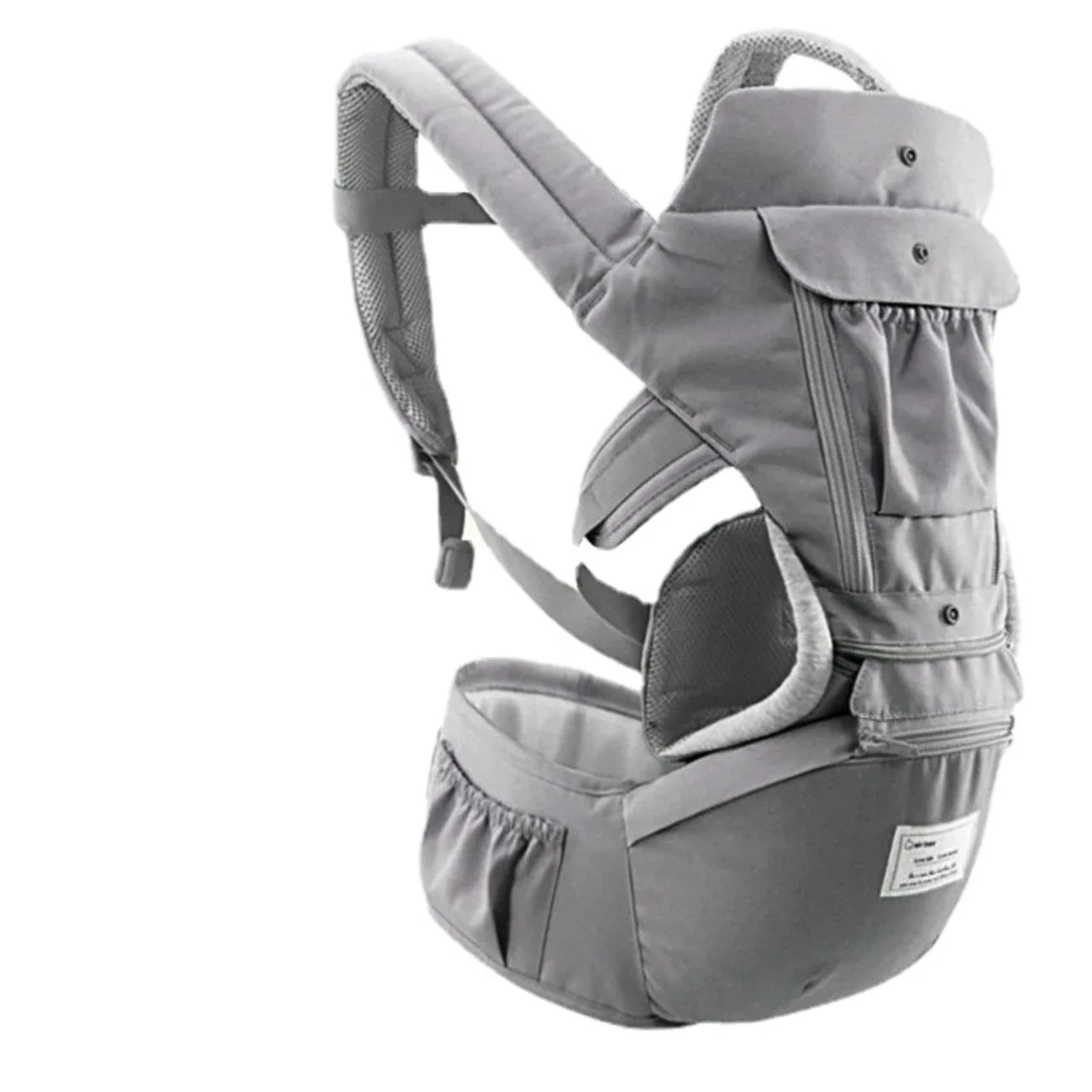 Detail of the breathable fabric on an ergonomic baby hipseat carrier, comfortable for infants