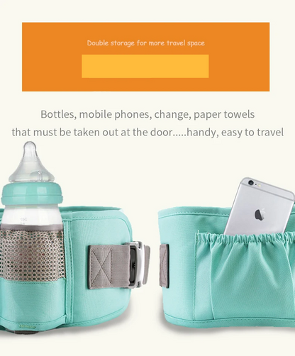 Features of an ergonomic baby hipseat carrier: padded waist, secure buckles, cotton material
