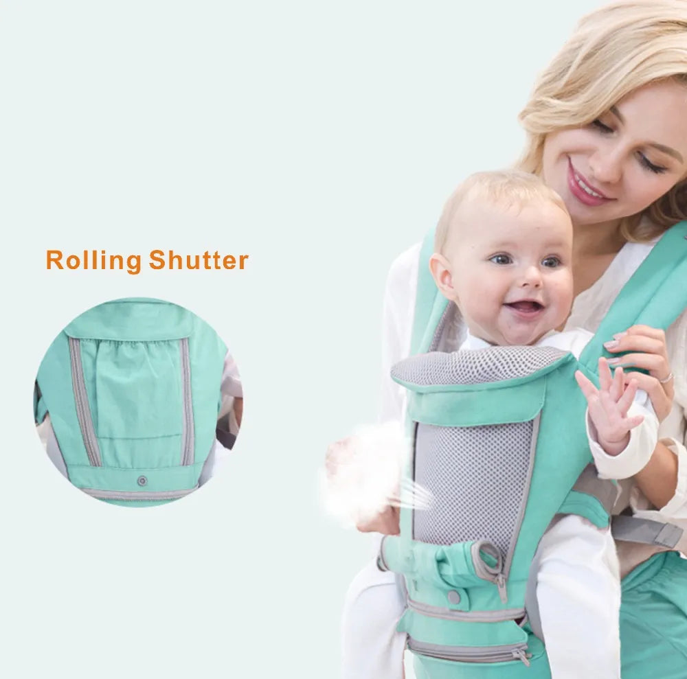 Close-up of an ergonomic baby hipseat carrier, highlighting the comfortable hip support