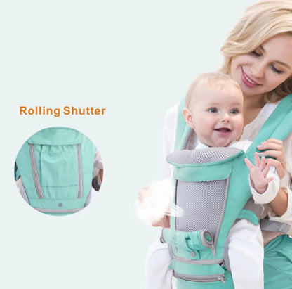 Close-up of an ergonomic baby hipseat carrier, highlighting the comfortable hip support