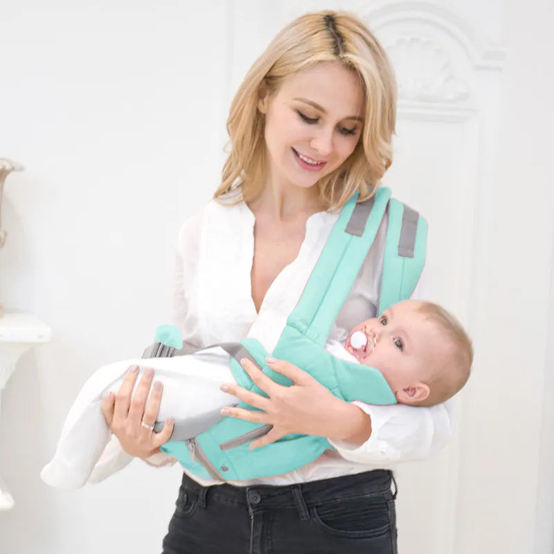 Side view of an ergonomic baby hipseat carrier, showcasing its sturdy design for newborns
