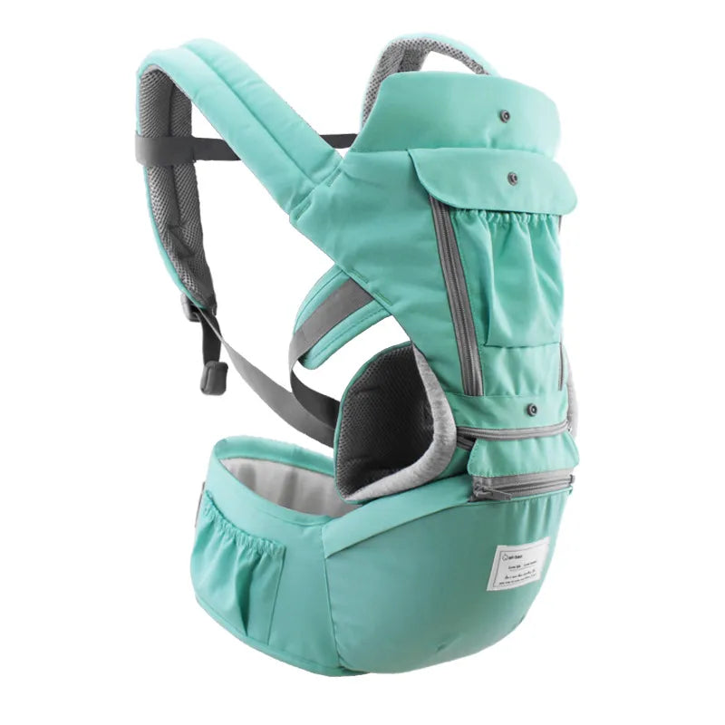 Isolated image of a folded ergonomic baby hipseat carrier, compact infant travel gear