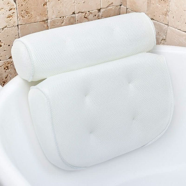 Side view of an ergonomic bath cushion providing optimal neck & head support for a luxurious, relaxing spa bath experience.
