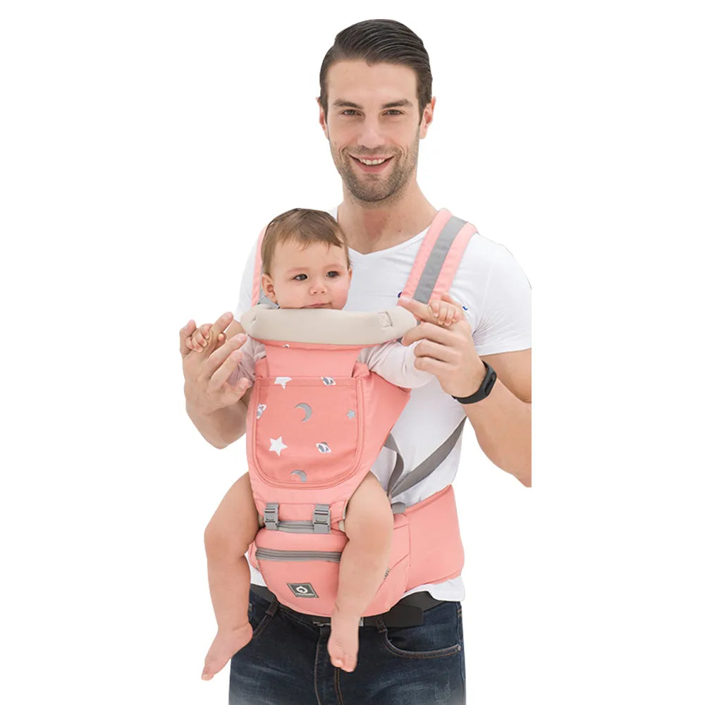 Ergonomic front-facing baby carrier with hipseat, breathable fabric for newborns to toddlers.