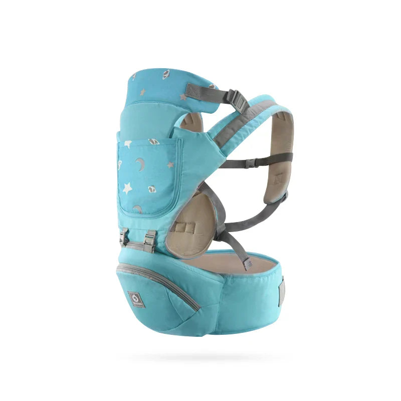 Front view of an empty breathable baby carrier with hipseat, ready for infant transport.