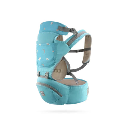 Front view of an empty breathable baby carrier with hipseat, ready for infant transport.