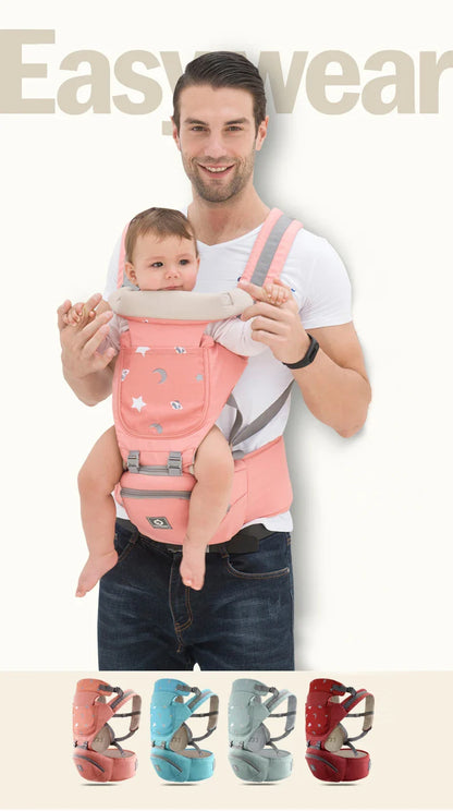 Ergonomic front-facing baby carrier unfolded, showing its breathable lining and hipseat.