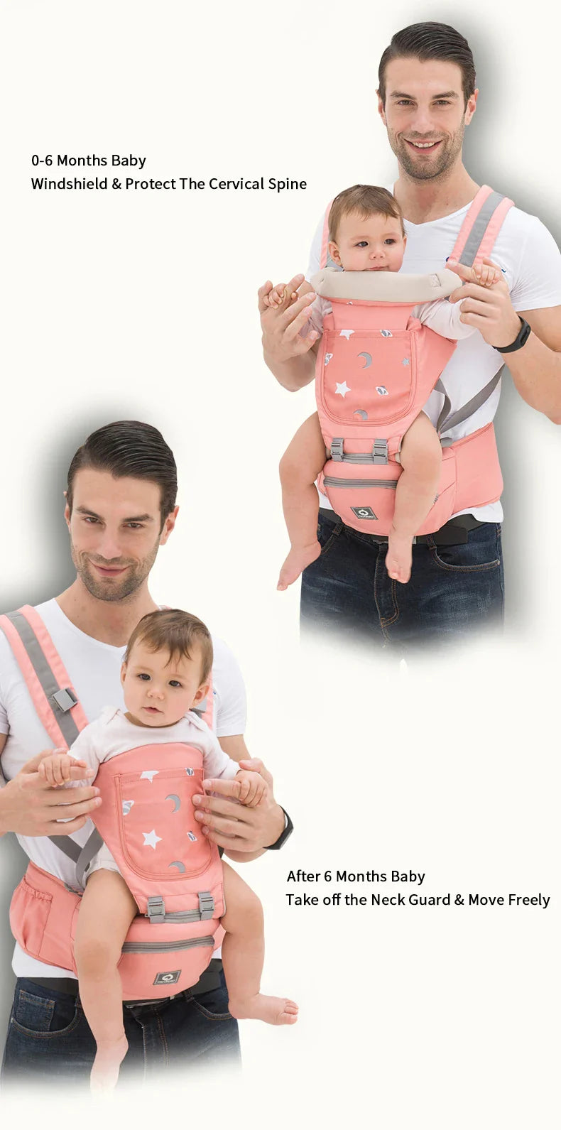 Baby carrier with wide hipseat for lumbar support, breathable for comfortable parenting outdoors.