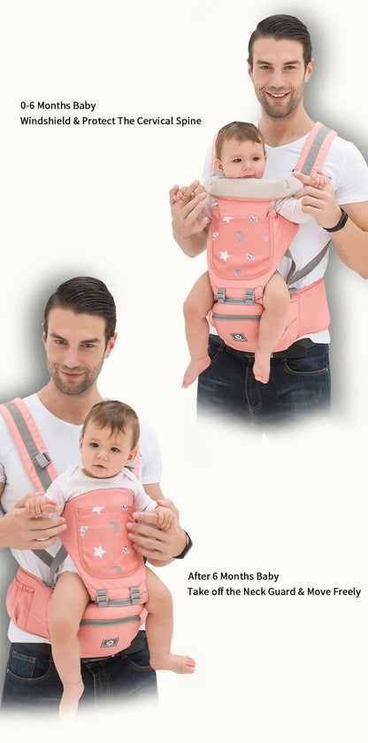 Baby carrier with wide hipseat for lumbar support, breathable for comfortable parenting outdoors.
