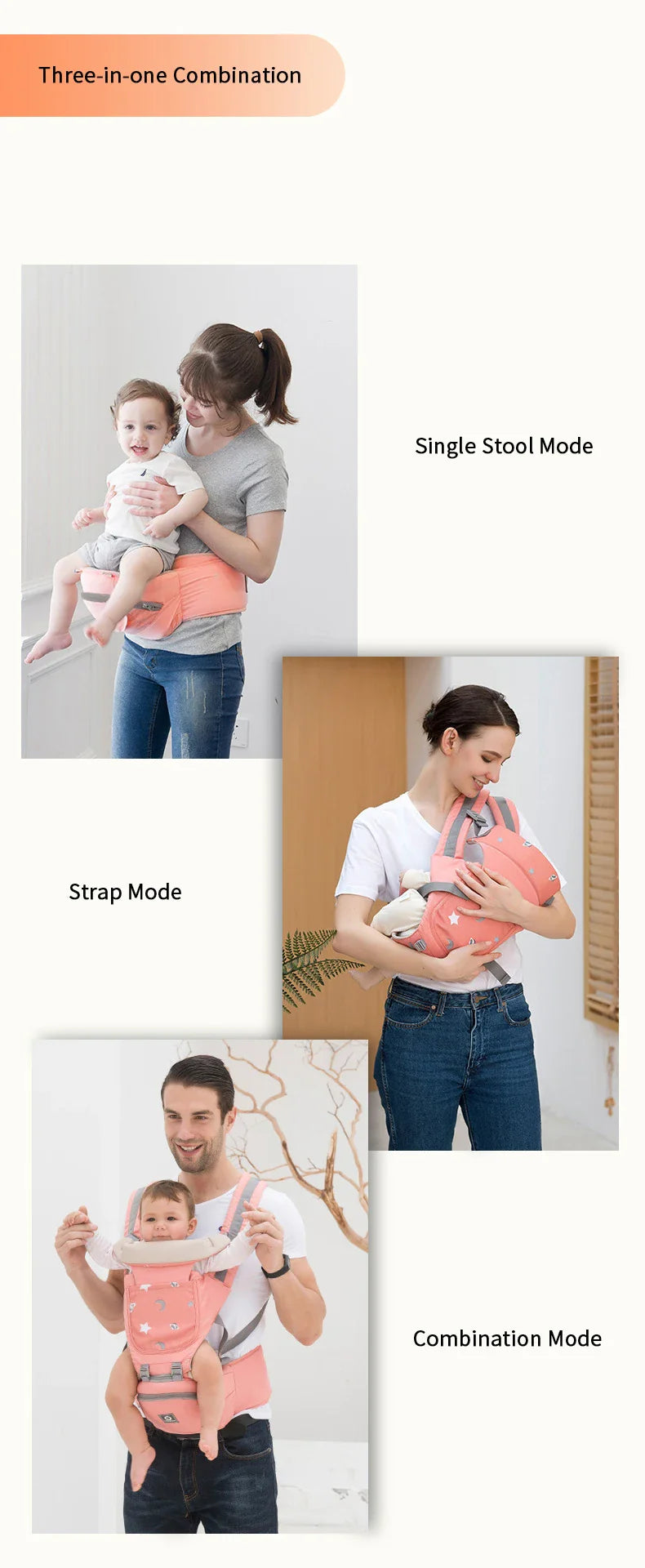 Lifestyle image of parent and baby using breathable front-facing hipseat carrier in a park.