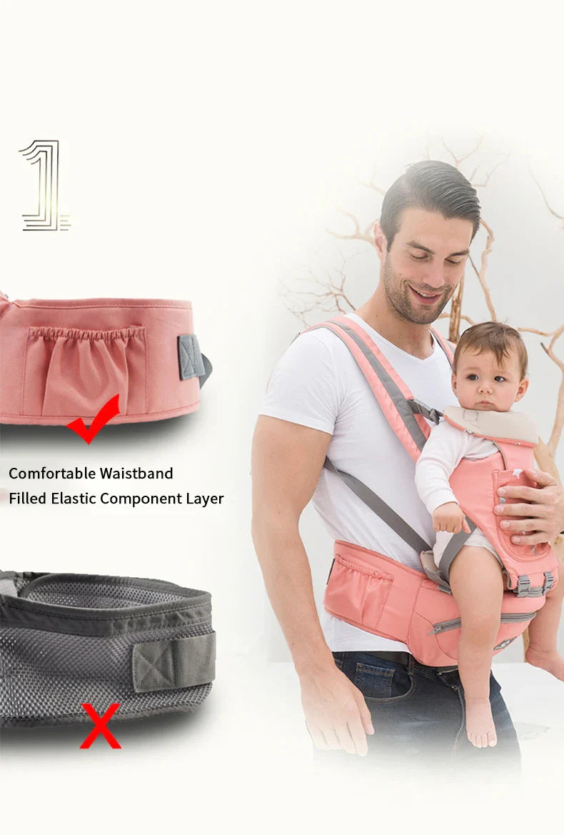 Breathable baby carrier featuring a detachable hipseat for versatile front-facing use.