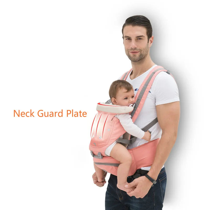 Baby carrier with hipseat, designed for comfortable front-facing carry, gray breathable material.