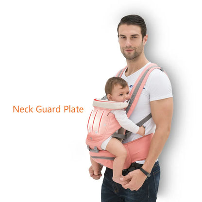 Baby carrier with hipseat, designed for comfortable front-facing carry, gray breathable material.