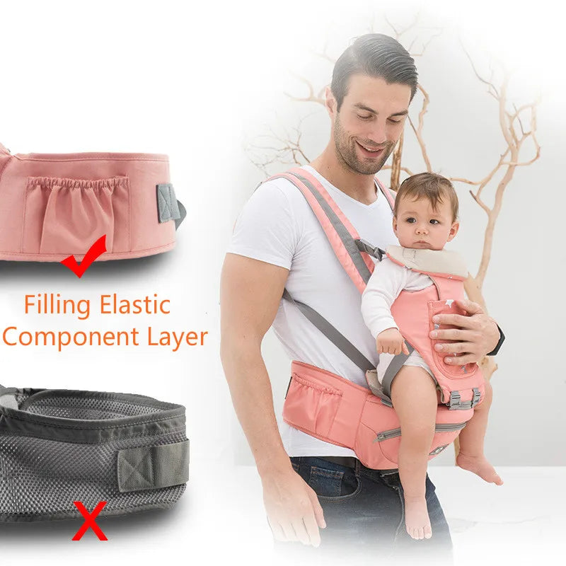 Close-up of baby carrier's breathable mesh fabric and adjustable hipseat for infants/toddlers.