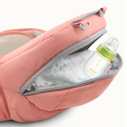 Ergonomic baby carrier in blue, showcsing front-facing position with secure hipseat support.