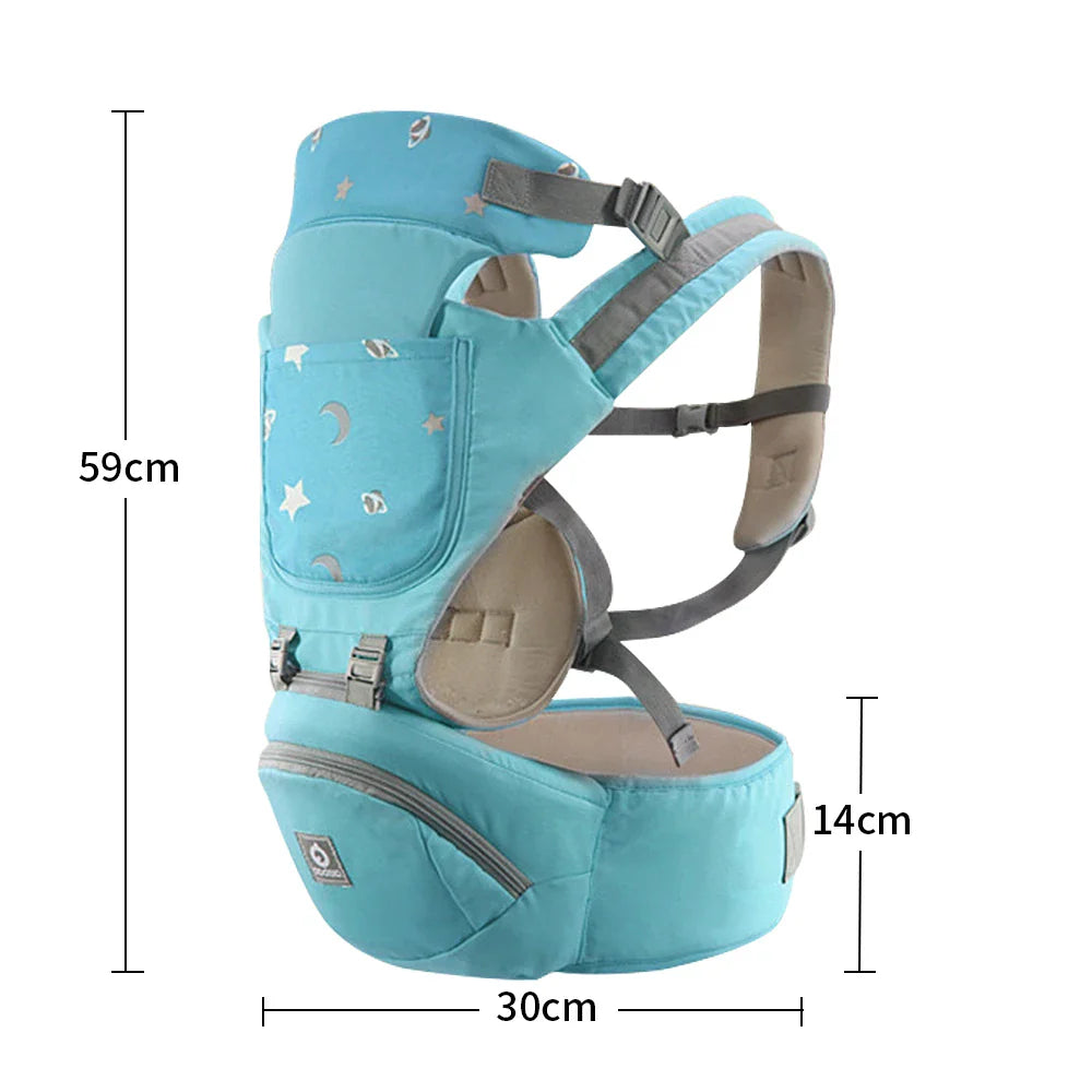 Newborn comfortably nestled in a breathable front-facing hipseat baby carrier.