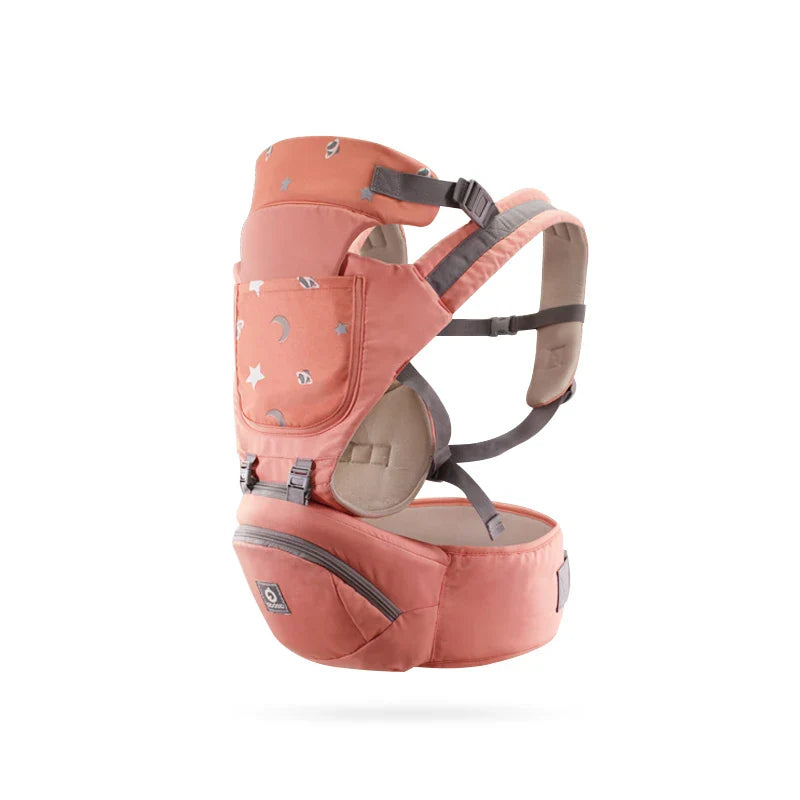 Toddler enjoying a front-facing ride in an ergonomic, breathable baby carrier with hipseat.