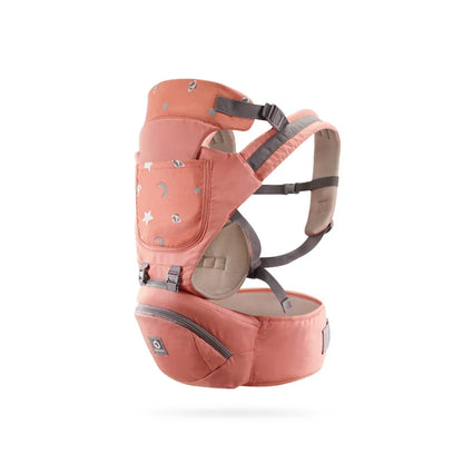 Toddler enjoying a front-facing ride in an ergonomic, breathable baby carrier with hipseat.