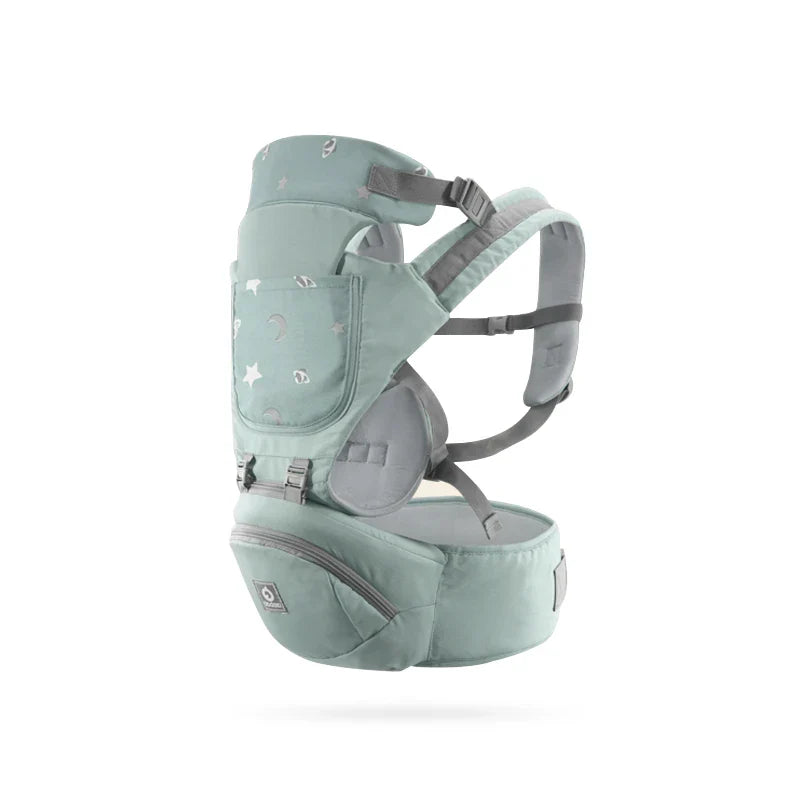 Detail of hipseat on breathable baby carrier, emphasizing ergonomic design and support.