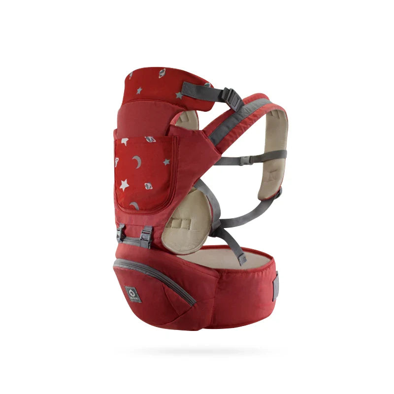 Parent adjusting the straps of an ergonomic, breathable front-facing baby carrier with hipseat.