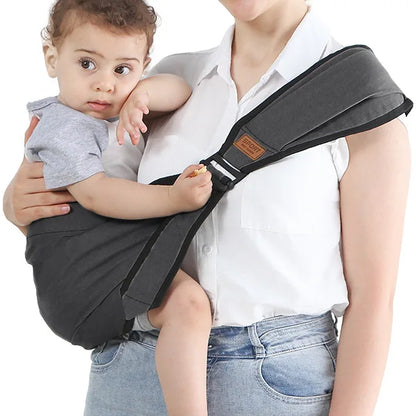 Versatile black baby carrier and waist stool for toddlers, durable polyester, hands-free