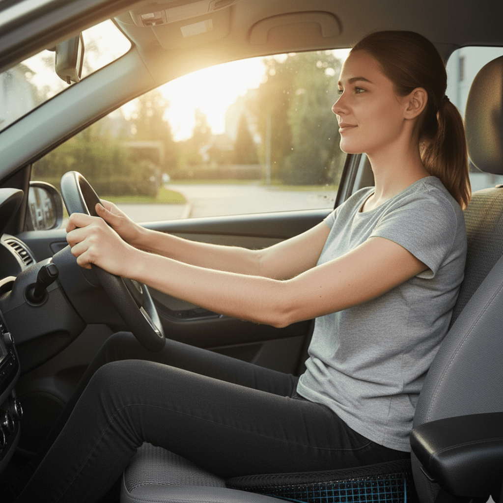 Premium memory foam car cushion, designed for long commutes & travel, offering sciatica & back pain relief.