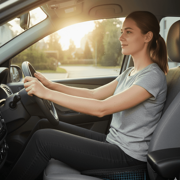 Premium memory foam car cushion, designed for long commutes & travel, offering sciatica & back pain relief.