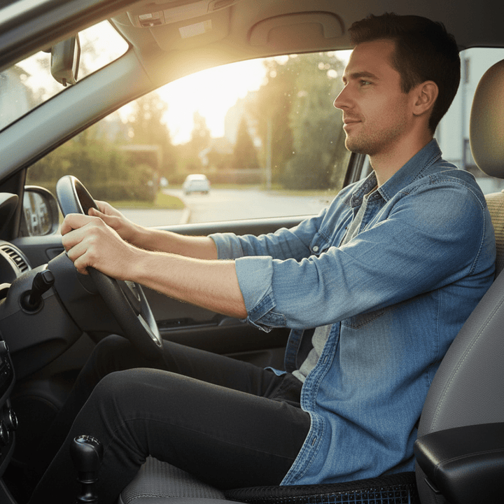 Ergonomic vehicle seat cushion providing sciatica relief, posture support, & driving comfort for any car accessory setup.