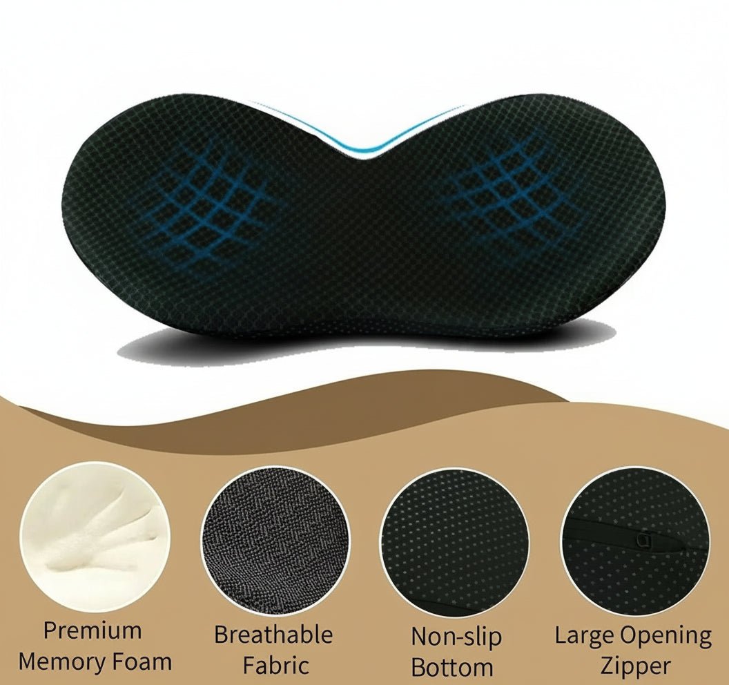 Contoured memory foam car cushion for sciatica relief, back pain, and ergonomic posture support during long drives.