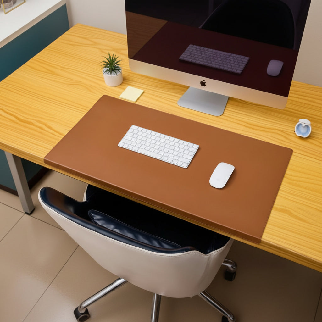 Home office essential: Ergonomic PU leather desk mat with wrist rest for superior comfort & protection.