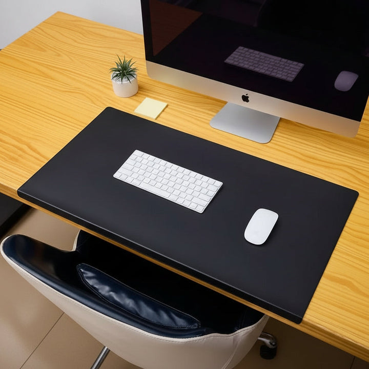 Smooth PU leather desk mat and mouse pad, providing ergonomic wrist support for typing & mousing.