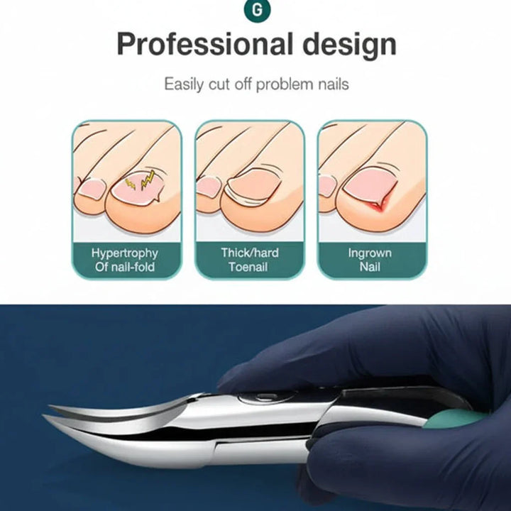 Stainless steel ergonomic toenail clipper with anti-splash design for hygienic thick nail care. Seniors' foot health.