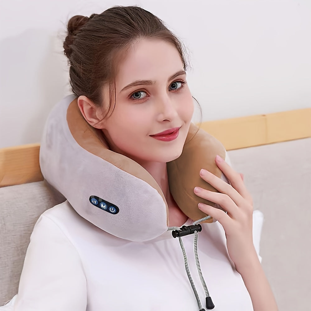 Portable heated U-shaped memory foam travel pillow, USB rechargeable for cozy neck support & relaxation on the go.
