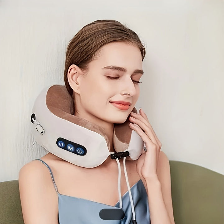 Plush U-shaped memory foam neck pillow, ergonomically designed for superior comfort & heated therapy; USB rechargeable.