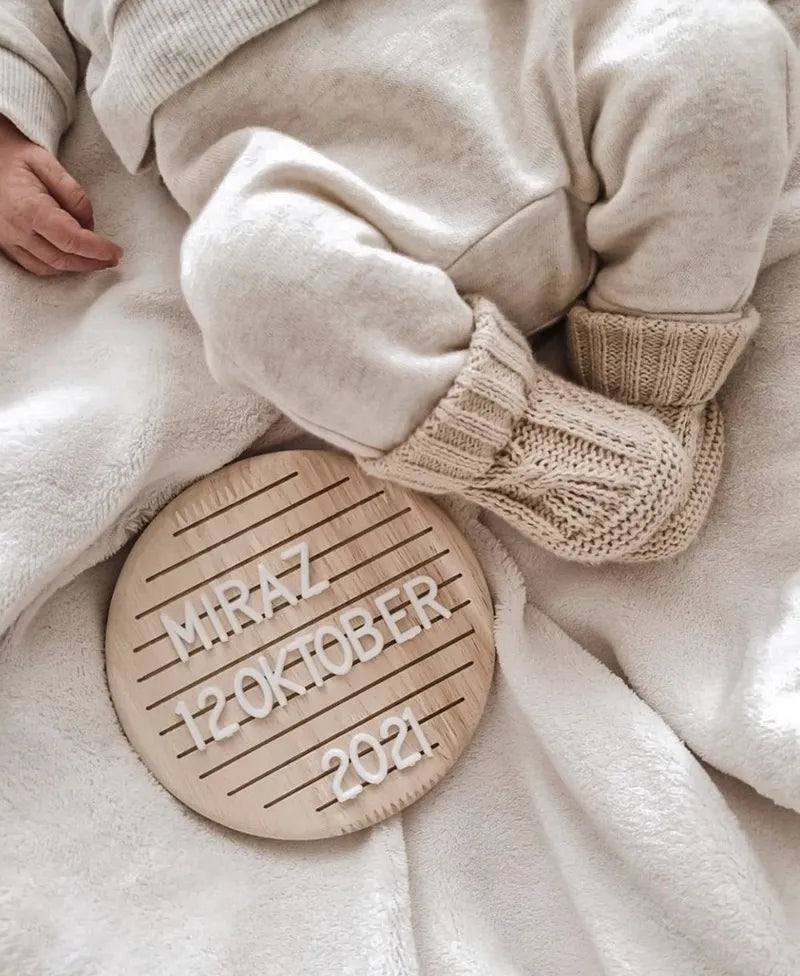 European style oak baby milestone board kit with 'one month' tab, perfect for newborn photography.