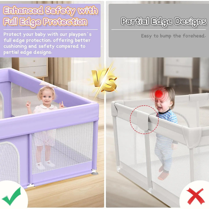 Secure baby play yard with breathable mesh & padded mat, creating a safe environment for child activity.