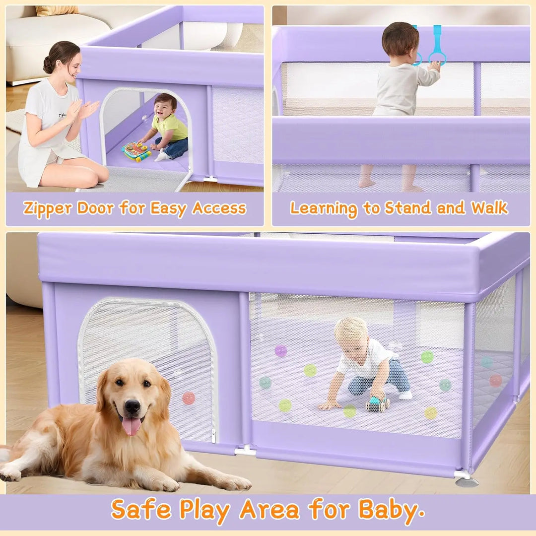 Extra large baby playpen with secure fence and mat for safe, spacious indoor play for infants & toddlers.