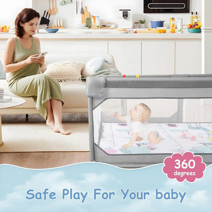 Portable baby playpen with mat for toddlers, large playard design, perfect for indoor and outdoor use.
